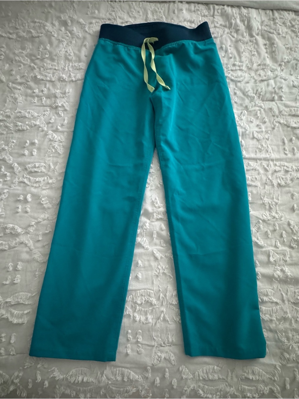 Figs Teal Scrub Pants with Navy Waistband and Lime Drawstring
